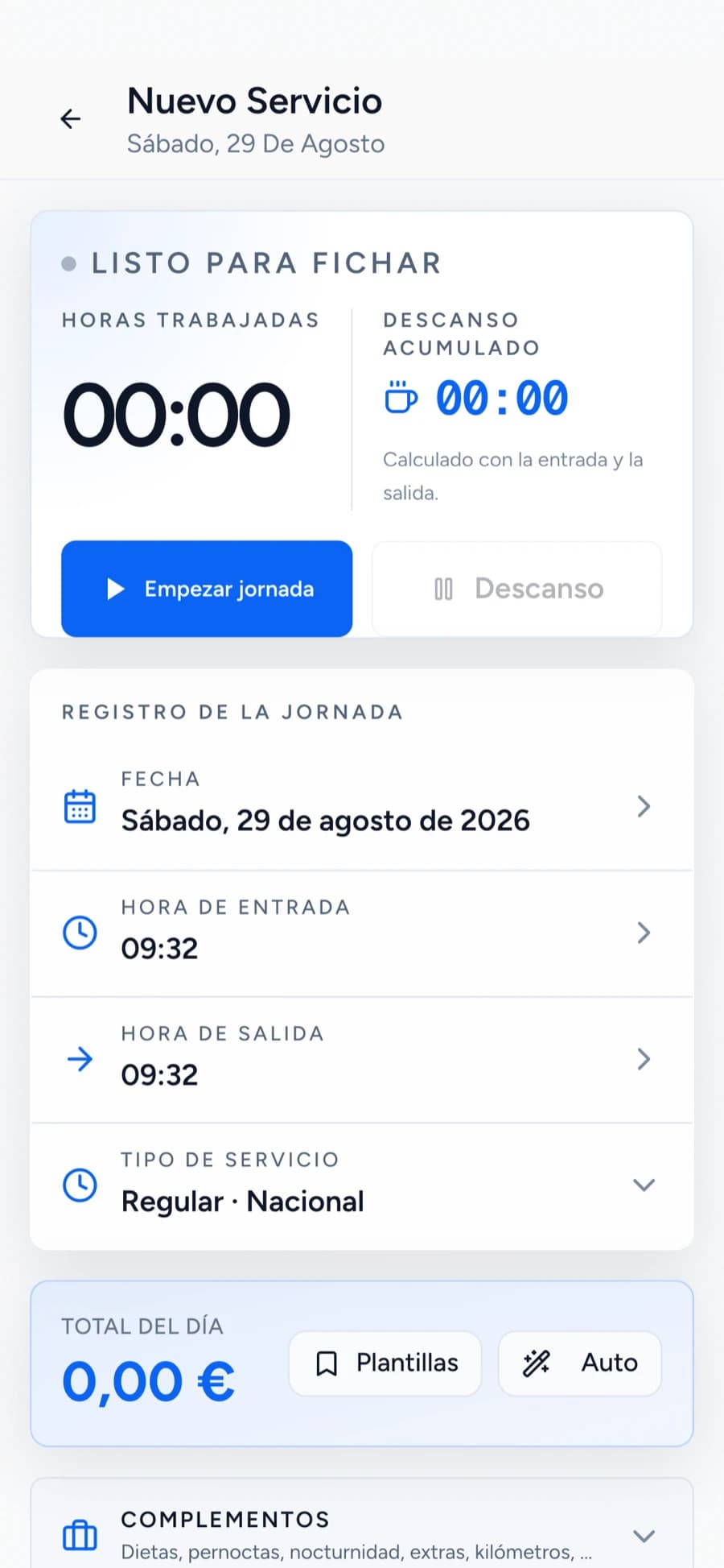 Pantalla de fichaje con el registro de la jornada