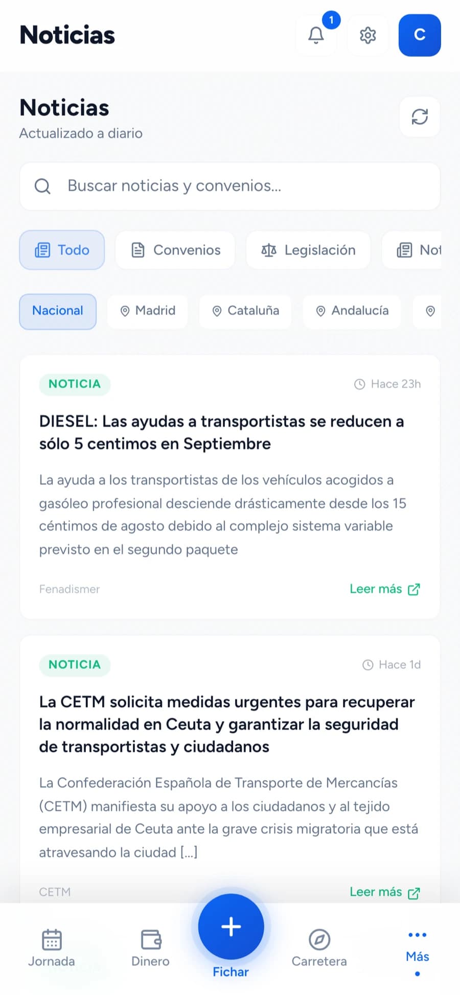 Listado de noticias del transporte con filtros por convenios, legislación y comunidad