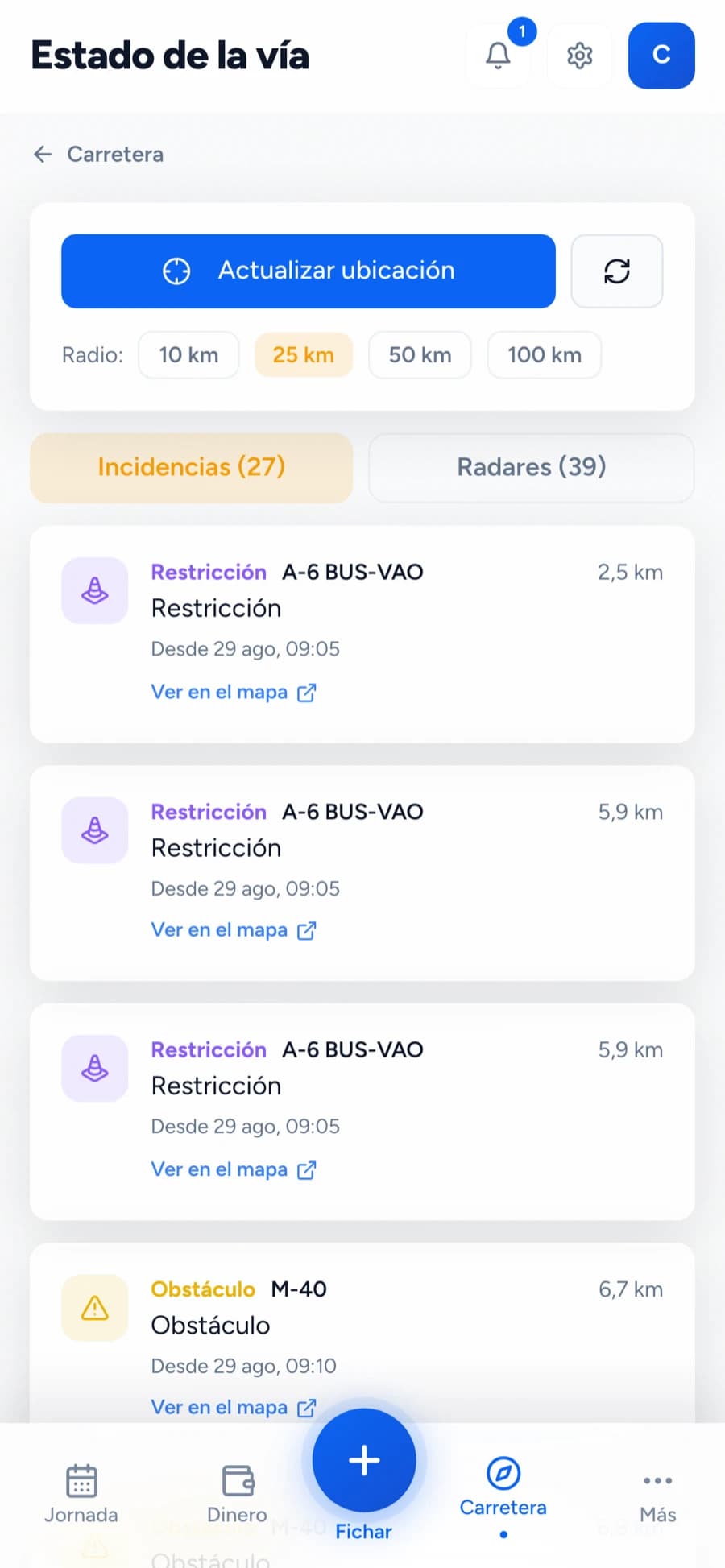 Pantalla del estado de la vía con incidencias y radares de la DGT
