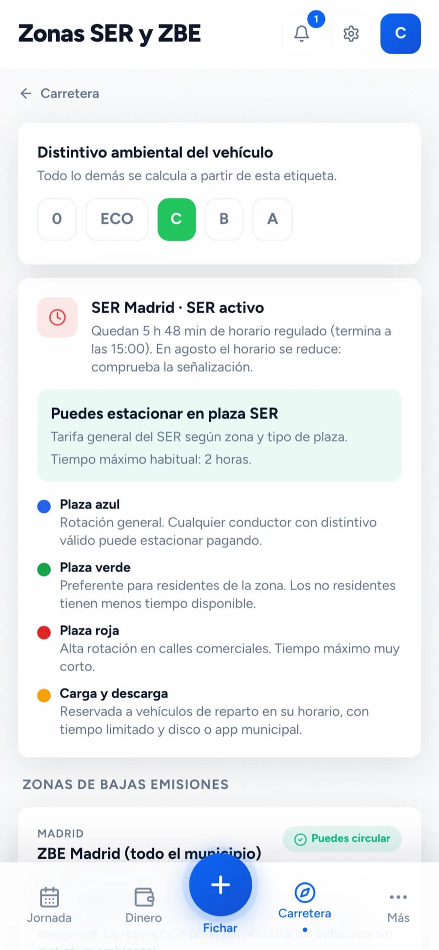 Pantalla de zonas SER y zonas de bajas emisiones con las normas de estacionamiento